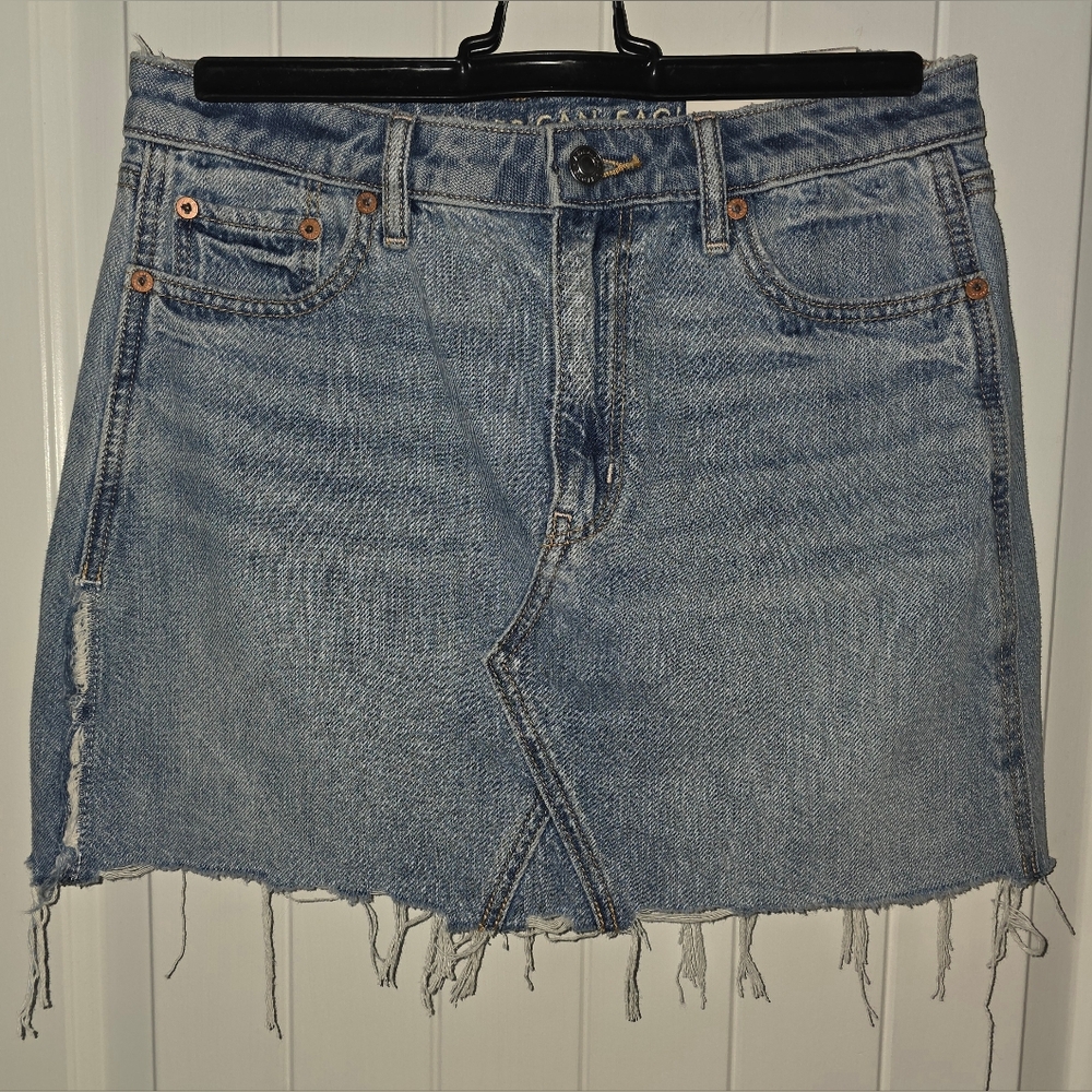 American Eagle High Rise A Line Denim Frayed Hem Mini NWT $68 Retail